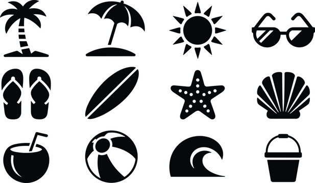 Set of twelve black silhouette representing summer vacation, beach activities, and tropical travel including palm tree, sun, surfboard, starfish, seashell, and beach ball