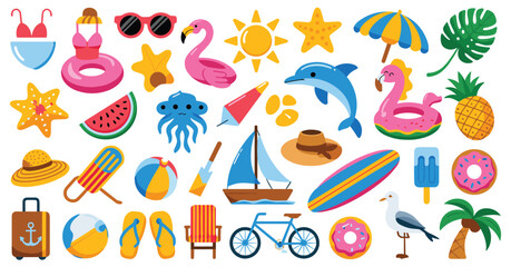 Obraz premium Summer vacation set featuring flamingo float, surfboard, sailboat, tropical fruits, beach gear, and marine animals in flat style