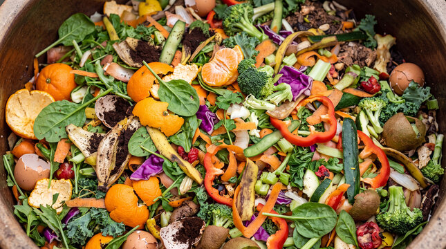 Top View of Organic Garbage Ready for Composting, Biodegradable Food Scraps, Vegetable Trimmings, and Fruit Peels in Container, Environmental Protection.