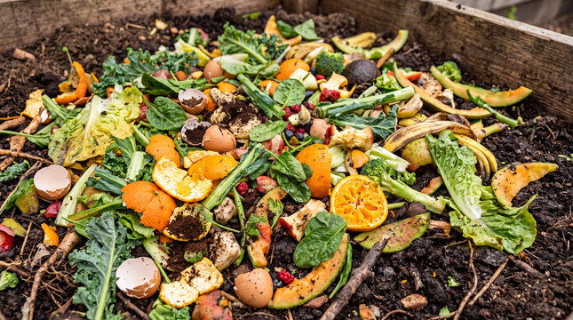 Close-Up of Compost Heap with Mixed Organic Kitchen Waste, Vegetable Remnants, Citrus Peels, and Greenery, Eco-Friendly Recycling and Sustainability Concept