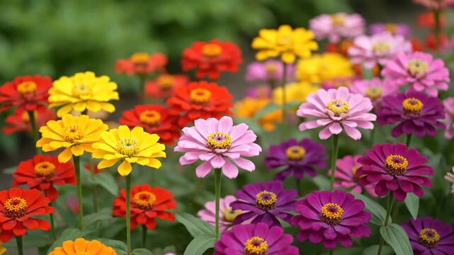 A vibrant field of colorful blooming flowers in the garden