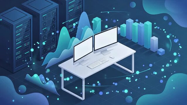 Isometric 2D Vector Tech Office Setup with Animated Data Charts Servers and Cloud Workstations
