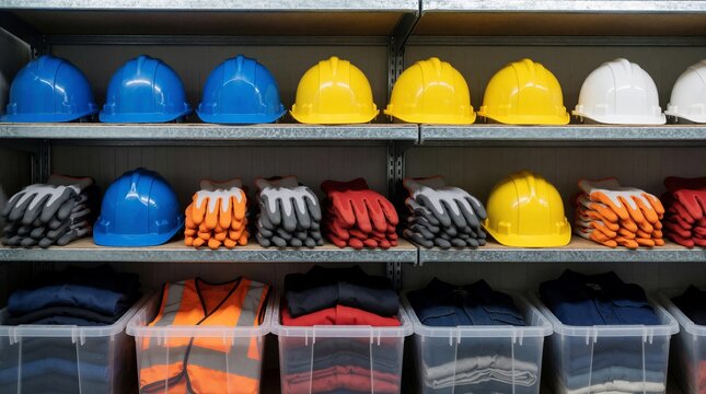 Shelves display stacks of safety hard hats and work gloves in various colors. Below, plastic bins hold neatly folded work clothes and high visibility vests, ready for job use.