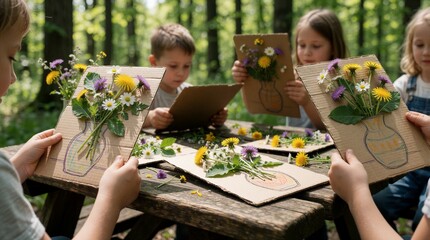 Children make floral art outdoors. Young kids arrange wildflowers on cardboard with drawn vases at a wooden table in a forest. Nature craft project develops creativity and motor skills.