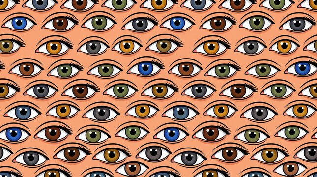 Seamless pattern of diverse human eyes with various iris colors including blue, brown, green, and grey set against a warm skin tone background for graphic design