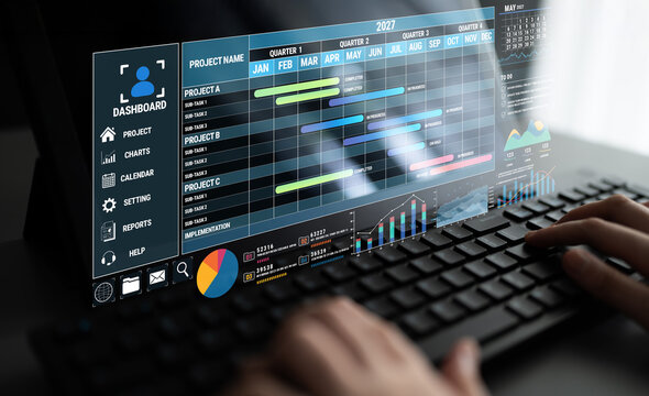 Futuristic Digital Dashboard Displaying Project Management Timeline and Data Analytics on a Transparent Screen with Keyboard in Background Fluxor.