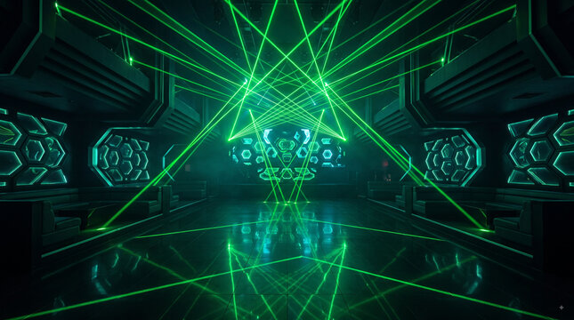 Futuristic digital corridor with glowing green laser beams and geometric hexagonal wall patterns in a dark high-tech sci-fi interior hallway environment