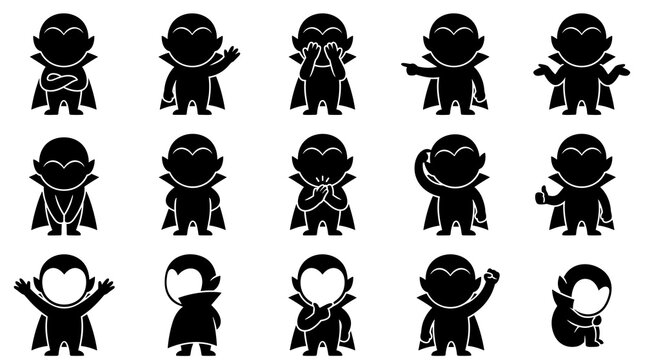 vampire teeth vector dracula character set featuring cute spooky monster silhouette mascots wearing cape in various funny poses for halloween trick or treat graphic card design