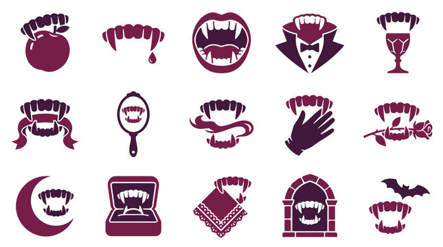 vampire teeth vector fangs dracula icon set featuring bloody bite marks mirror bat goblet rose night window ring box graphic elements for halloween spooky horror design template