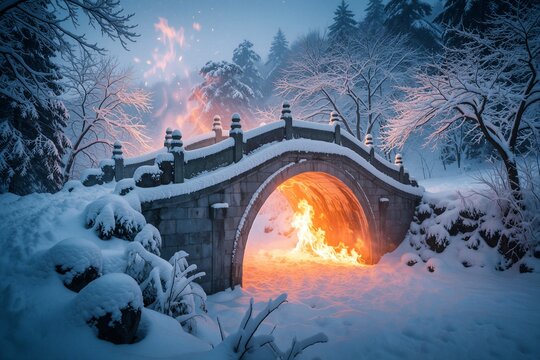 Stone bridge covered with deep white snow in dark forest. Bright orange flames burn under arched passage during cold winter night. Contrast between hot fire, freezing weather creates mystical scene.