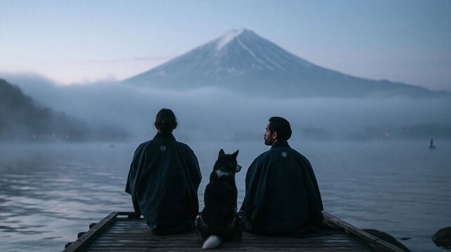 Two People and Dog Contemplating Mount Fuji at Dawn