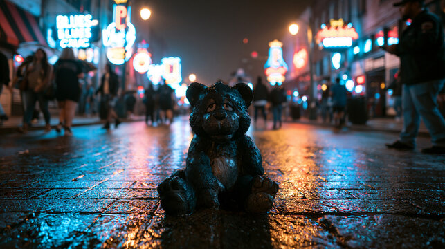 Teddy Bear Sitting Alone on Neon City Street