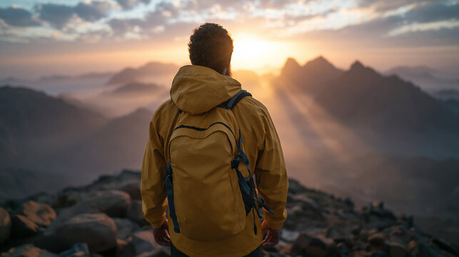 Hiker in Yellow Jacket Watching Sunrise Over Mountains