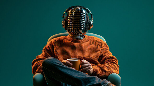 Person with Vintage Microphone Head Holding Coffee Cup