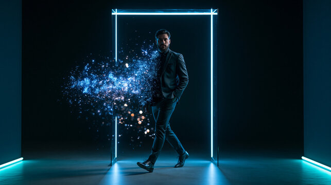 Businessman Walking Through Digital Portal Gateway