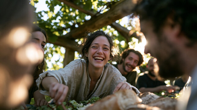 Happy Friends Laughing Together Under Tree Canopy