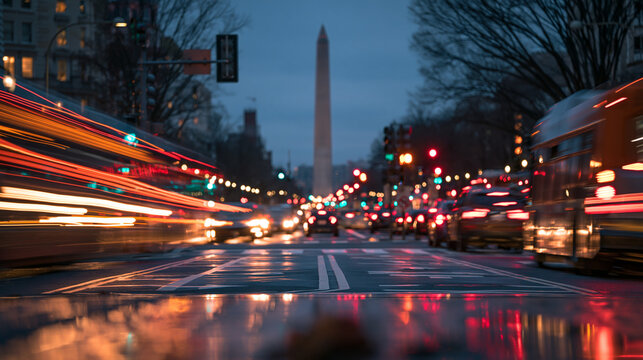 Washington Monument at Dusk with Traffic Lights and City Bustle