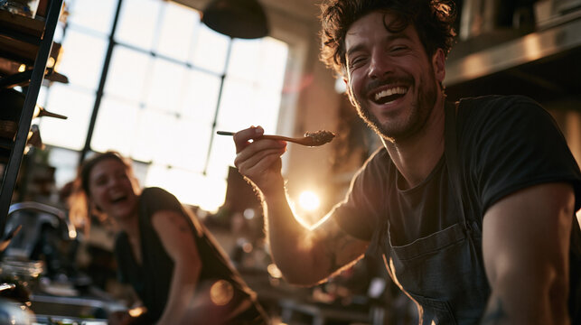 Man Enjoying Food with Friends at Restaurant