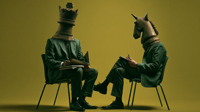 Business Deal Between Chess Piece and Crown Figures in Suits