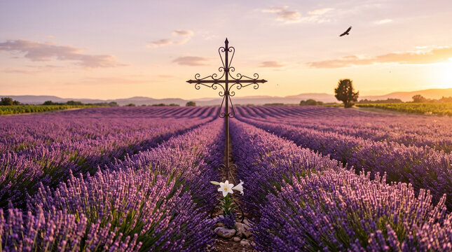 Ornate Cross in Lavender Field at Sunset