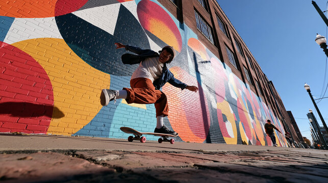 Skateboarder Performing Trick Against Colorful Mural