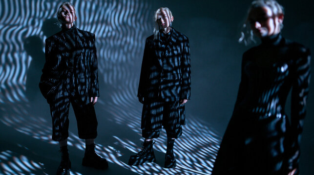 Models in Pinstripe Suits Against Digital Wave Backdrop
