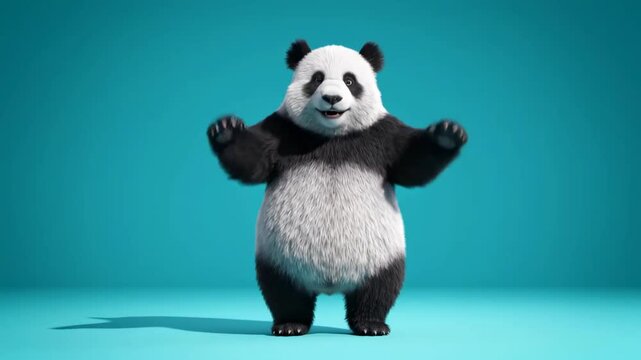Happy Dancing Panda: 3D Animated Giant Panda Character Smiling on Blue Background, Ideal for Children's Content.
