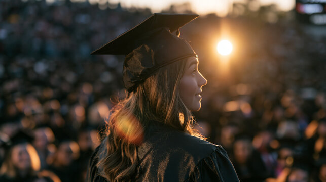 Graduate Woman in Cap and Gown at Sunset Ceremony