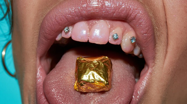 Luxury and Indulgence: Gold Wrapped Candy in Mouth