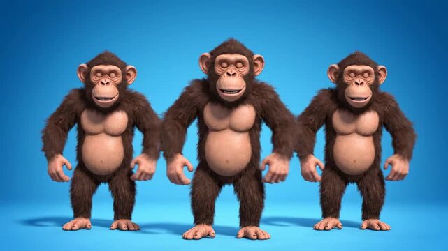 Funny Dancing Chimpanzees, Three 3D Animated Monkeys on Blue Background, Ideal for Humorous Social Media Content.