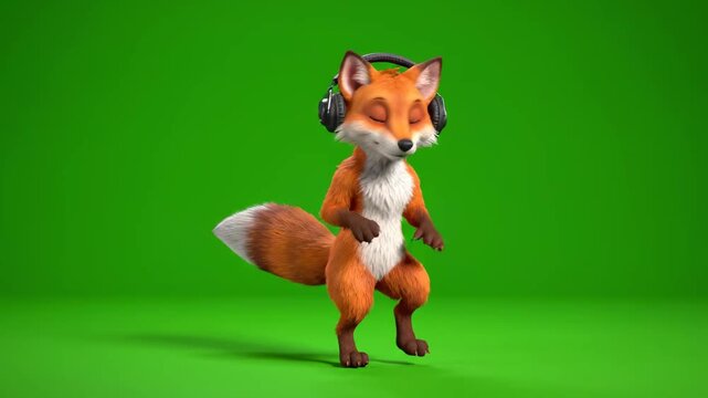 Cute 3D Animated Fox Wearing Headphones on Green Screen, Ideal for Music Promos and Children's Content.