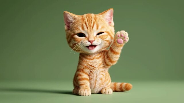 Adorable Waving Kitten 3D Rendered Ginger Tabby with Big Green Eyes on Green Background Ideal for Social Media Greetings.