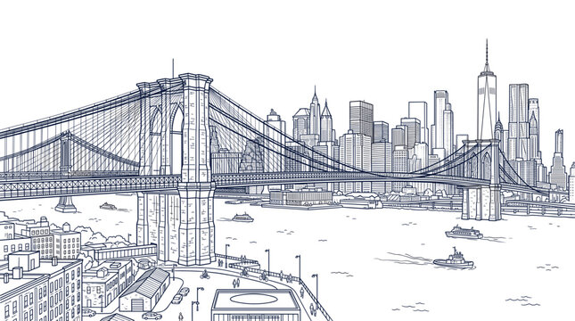 brooklyn bridge vector skyline architecture detailed line art illustration of famous suspension landmark over river with boats and dense urban city buildings in background