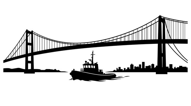 brooklyn bridge vector skyline architecture monochrome silhouette illustration of famous suspension landmark with tugboat sailing on river and urban city buildings background