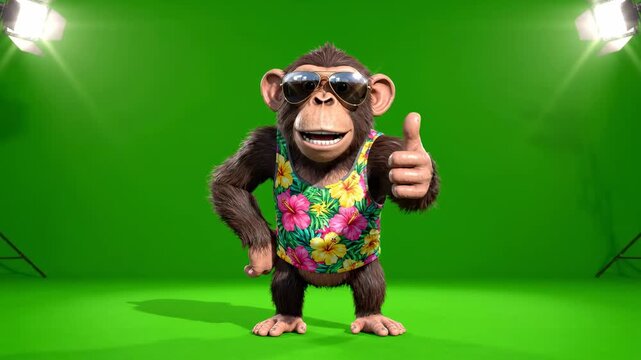 Cool Animated Chimpanzee Wearing Sunglasses and Floral Shirt on Green Screen Background Ideal for Humorous Video Production.