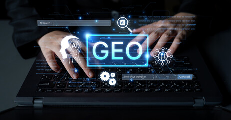 Fototapeta premium Digital marketing concept featuring GEO strategy. Generative AI search visual shows GEO interface integrating intelligence, logic, and AI input system for prompt tasks. Corpus