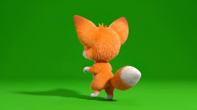 Adorable 3D Animated Fennec Fox Dancing and Smiling on Green Screen Background, Ideal for Children's Content and Video Editing.