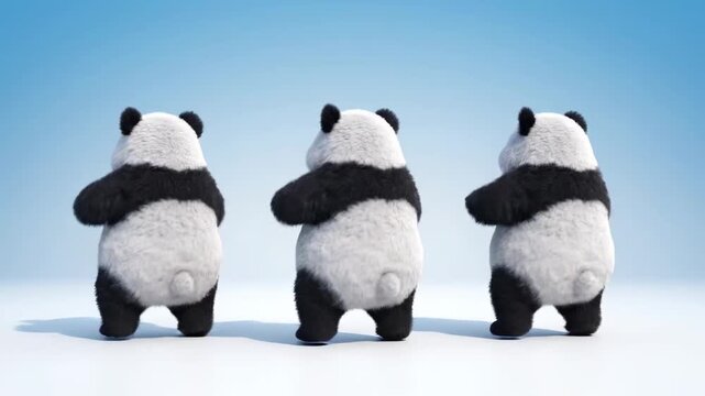 Dancing Pandas Trio: Three cute 3D animated pandas dancing on a white floor against a blue background, ideal for children's content.