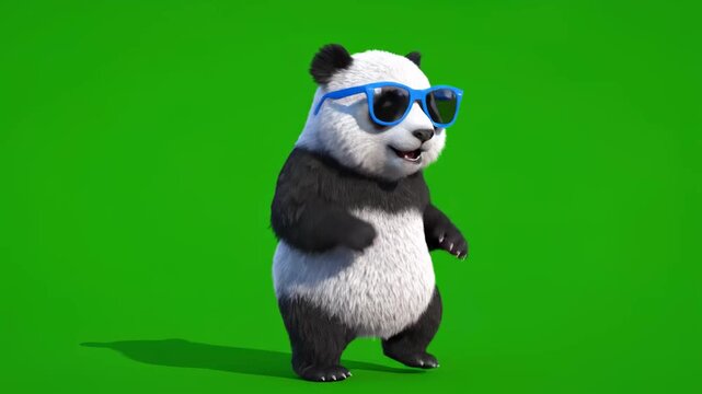 Fun 3D Panda with blue sunglasses waving on green screen, perfect for creative video overlays.