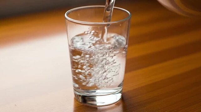 Clear water is being poured into a simple glass container
