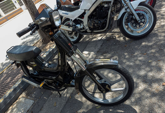 TAVERNES BLANQUES, SPAIN - JUNE 14, 2026.Vintage black Derbi Variant moped at classic motorcycle show in Spain on a sunny day