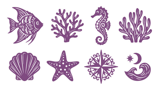 Set of purple nautical sea life icons in a rustic block print style