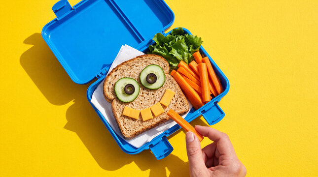 A colorful lunchbox contains a sandwich shaped like a face, with cucumber eyes and a carrot smile, alongside fresh carrots and celery on a bright yellow background.