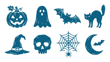 Fototapeta premium Set of Rustic Linocut Halloween Icons Featuring Cute Ghost Bat Pumpkin and Skull