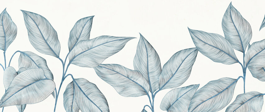 Luxury art background with exotic leaves in line art style. Botanical banner for decor, prints, wallpaper, packaging, textiles, posters, and interiors.