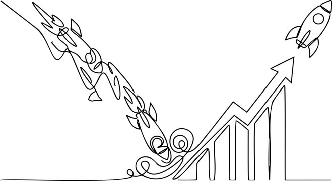 Continuous one line drawing of generic falling rockets transforming into rising bar chart arrow and launching rocket for business crisis recovery and turnaround concept vector