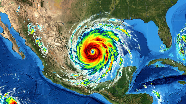 Colorized satellite image of hurricane over coastline, extreme weather radar map, tropical cyclone eye, meteorology and climate conceptweather visualization of a powerful hurricane