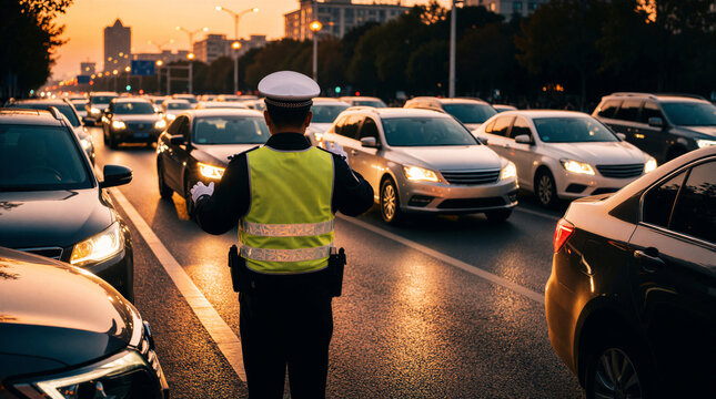 Police officer in reflective vest manages traffic jam at sunset on busy city street. Cars wait on asphalt road. Urban commute scene with transport and regulation.