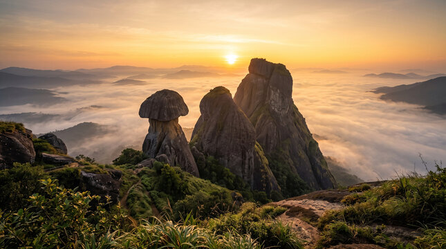Iconic Illikkal Kallu mountain featuring dramatic rock formations, mist-covered peaks and breathtaking Western Ghats panorama in Kerala India