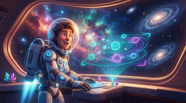 Astronauta animado en el espacio exterior, estilo ciencia ficci&oacute;n, serie 1 de 6